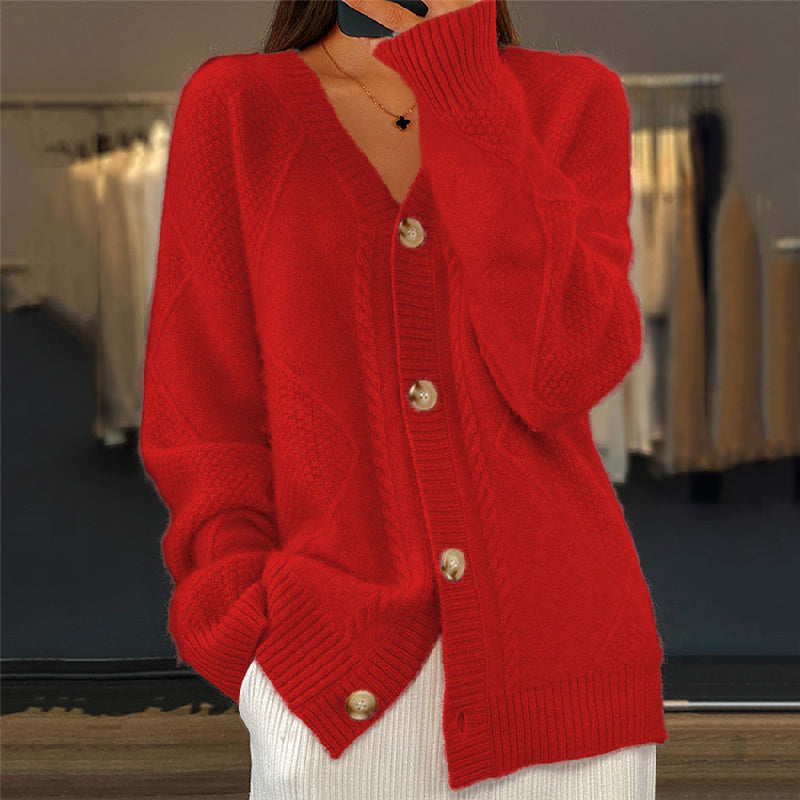 Women's V-Neck Long Sleeve Cardigan with Button Closure - Relaxed Fit