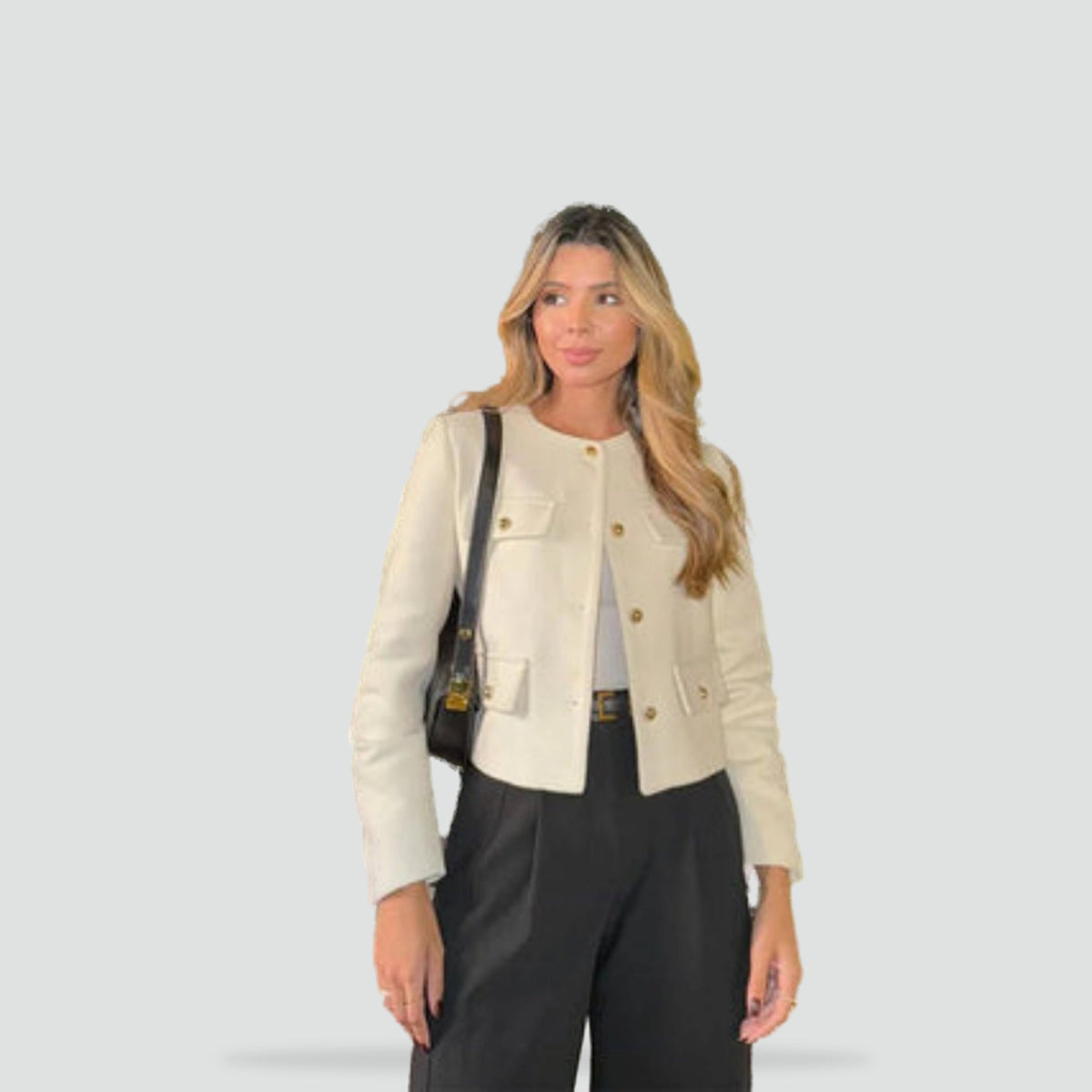 Ladies' Elegant Short Jacket with Decorative Buttons and Round Neck