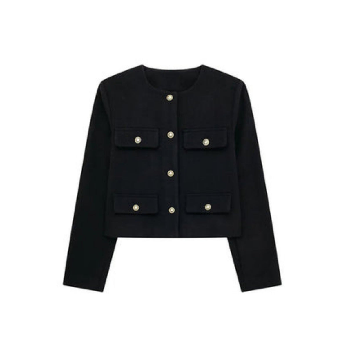 Ladies' Elegant Short Jacket with Decorative Buttons and Round Neck