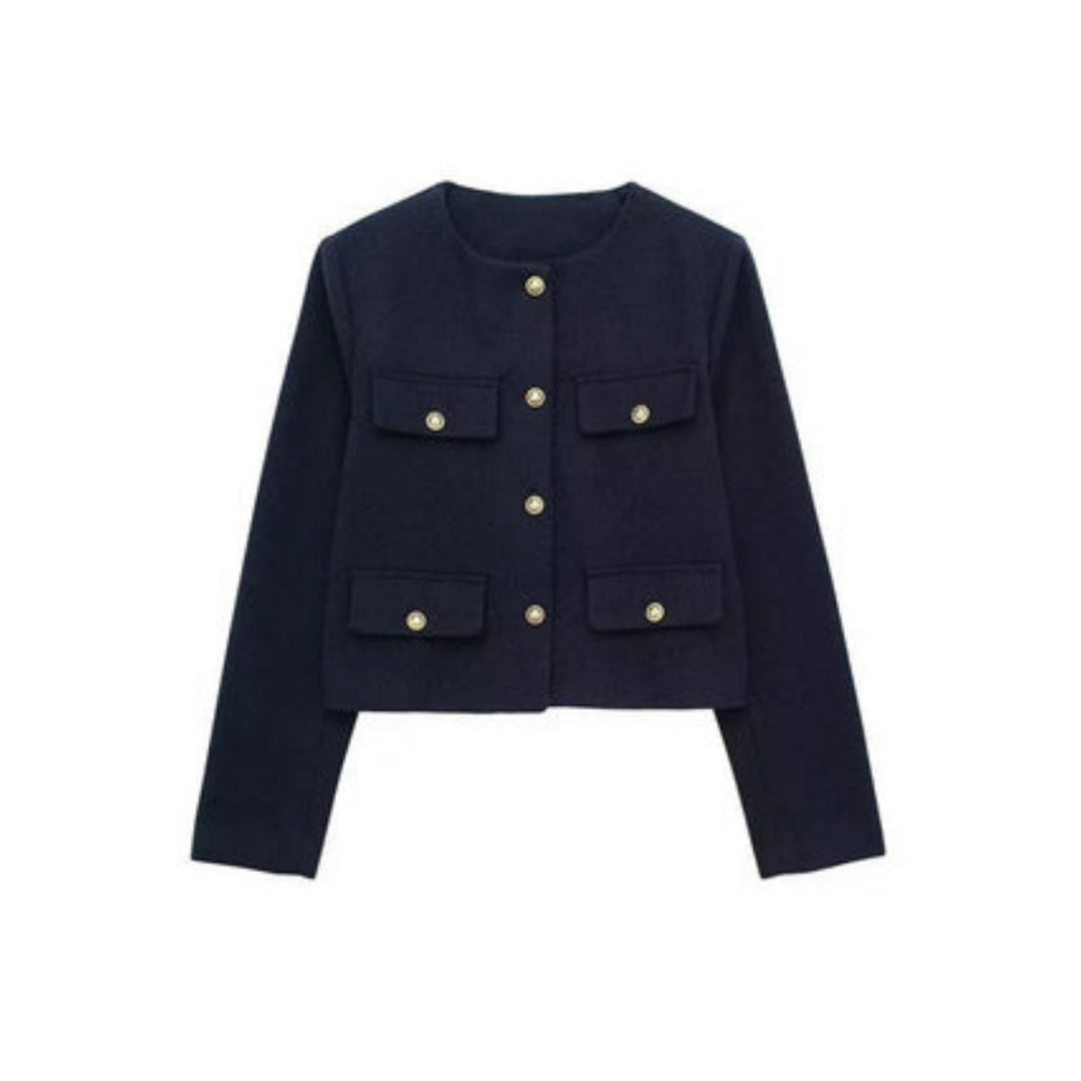 Ladies' Elegant Short Jacket with Decorative Buttons and Round Neck