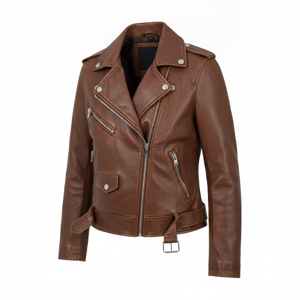 Women's Asymmetrical Zip Faux Leather Biker Jacket with Waistband