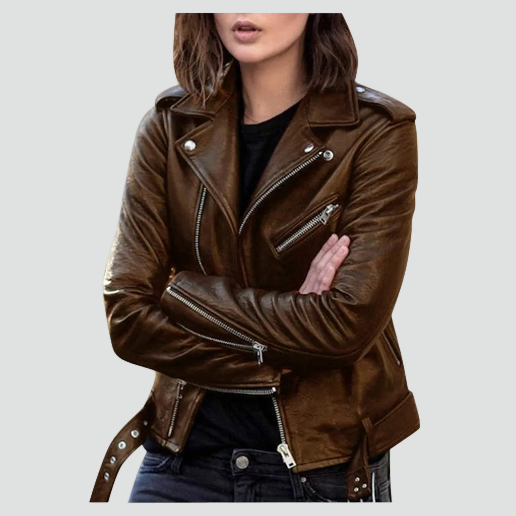 Women's Asymmetrical Zip Faux Leather Biker Jacket with Waistband