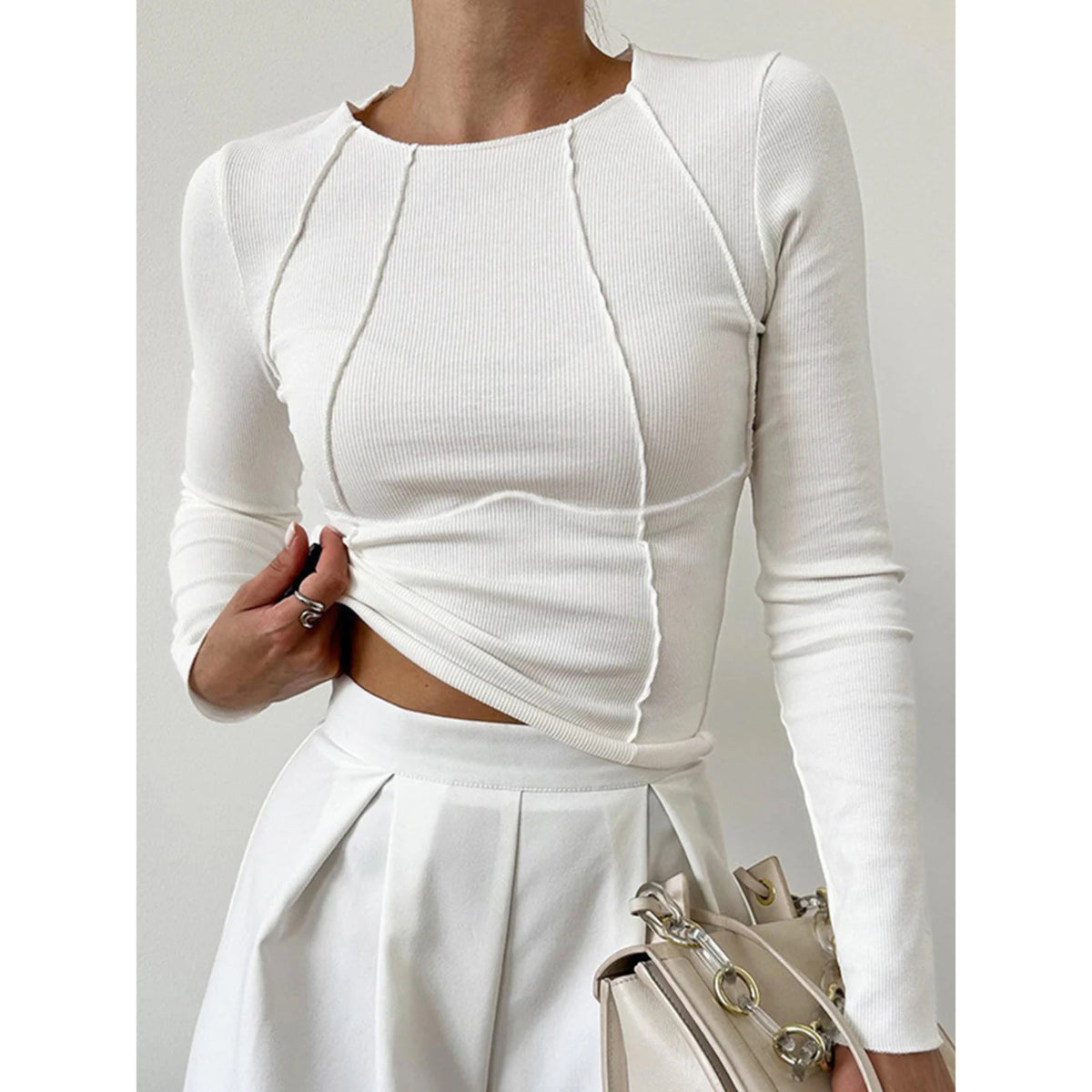 Ladies Ribbed Long Sleeve Top with Round Neck and Decorative Seams
