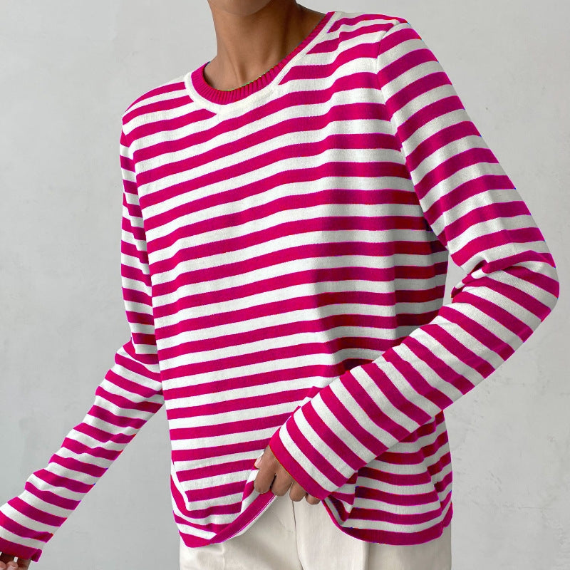 Ladies Striped Jumper with Long Sleeves and Round Neck