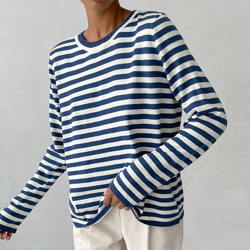 Ladies Striped Jumper with Long Sleeves and Round Neck