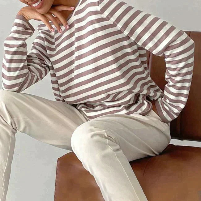 Ladies Striped Jumper with Long Sleeves and Round Neck