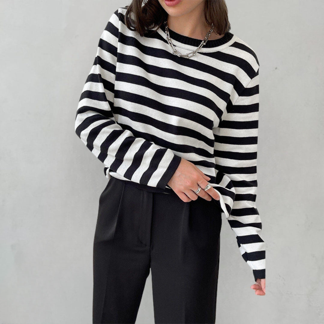 Ladies Striped Jumper with Long Sleeves and Round Neck