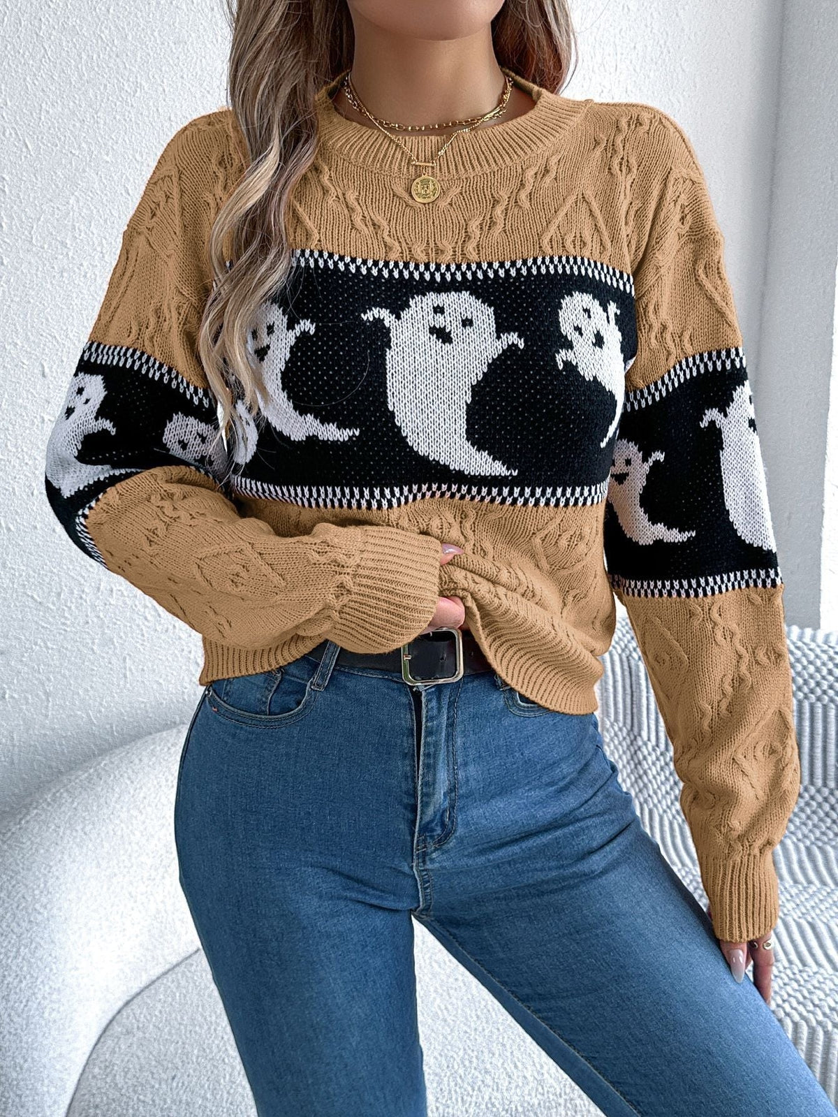 Women's Halloween Sweater with Round Neck, Ghost Design, and Long Sleeves
