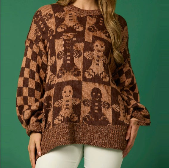 Women's Oversized Halloween Sweater with Checkered Design and Round Neck