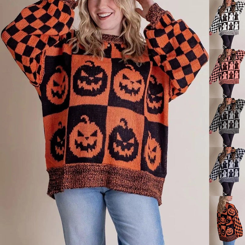 Women's Oversized Halloween Sweater with Checkered Design and Round Neck