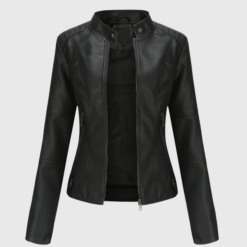 Women's Faux Leather Jacket with Stand-Up Collar and Zippered Pockets
