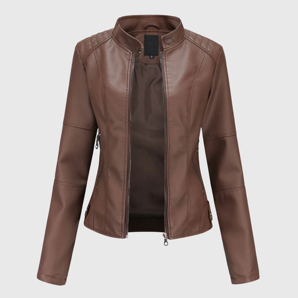 Women's Faux Leather Jacket with Stand-Up Collar and Zippered Pockets