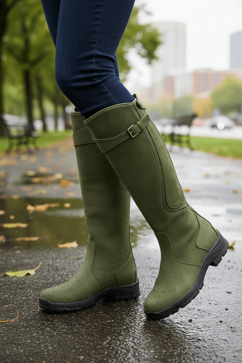 Women's Knee-High Waterproof Boots with Strap and Slip-Resistant Sole