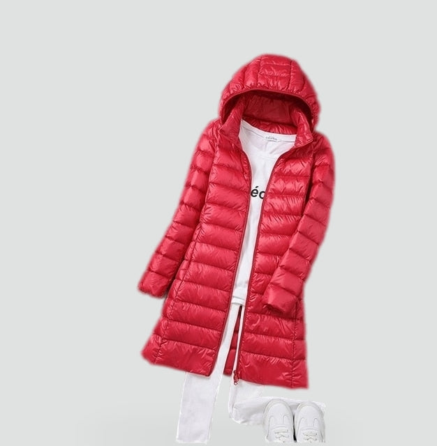 Ladies' Long Down Jacket with Detachable Hood for Winter Days