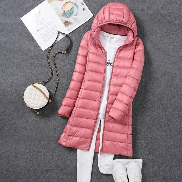 Ladies' Long Down Jacket with Detachable Hood for Winter Days