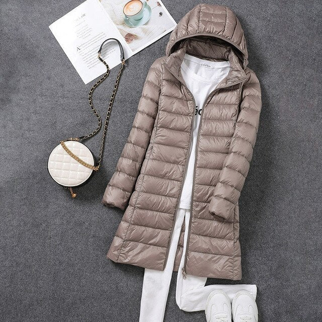 Ladies' Long Down Jacket with Detachable Hood for Winter Days
