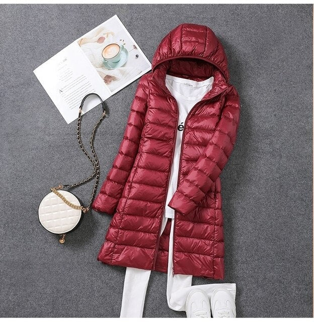 Ladies' Long Down Jacket with Detachable Hood for Winter Days