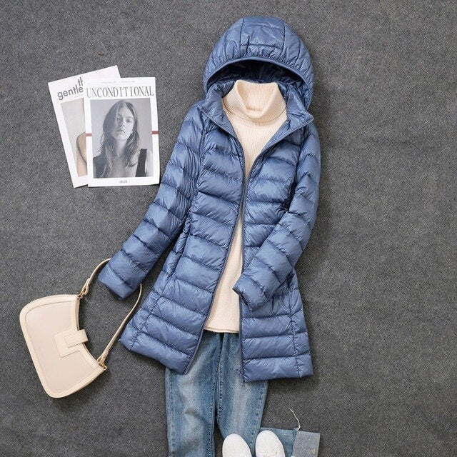 Ladies' Long Down Jacket with Detachable Hood for Winter Days