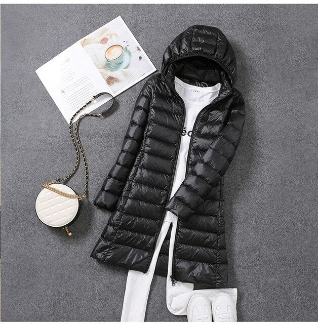 Ladies' Long Down Jacket with Detachable Hood for Winter Days