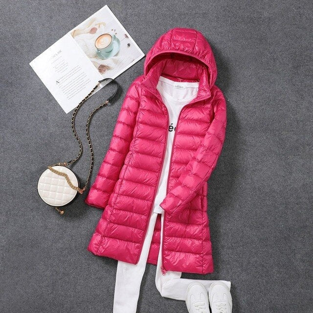 Ladies' Long Down Jacket with Detachable Hood for Winter Days