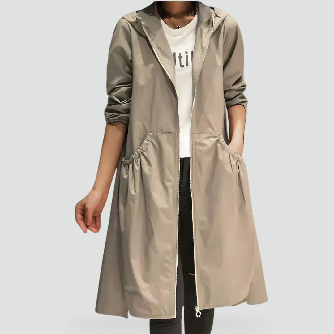 Ladies' Long Raincoat with Hood and Waterproof Features