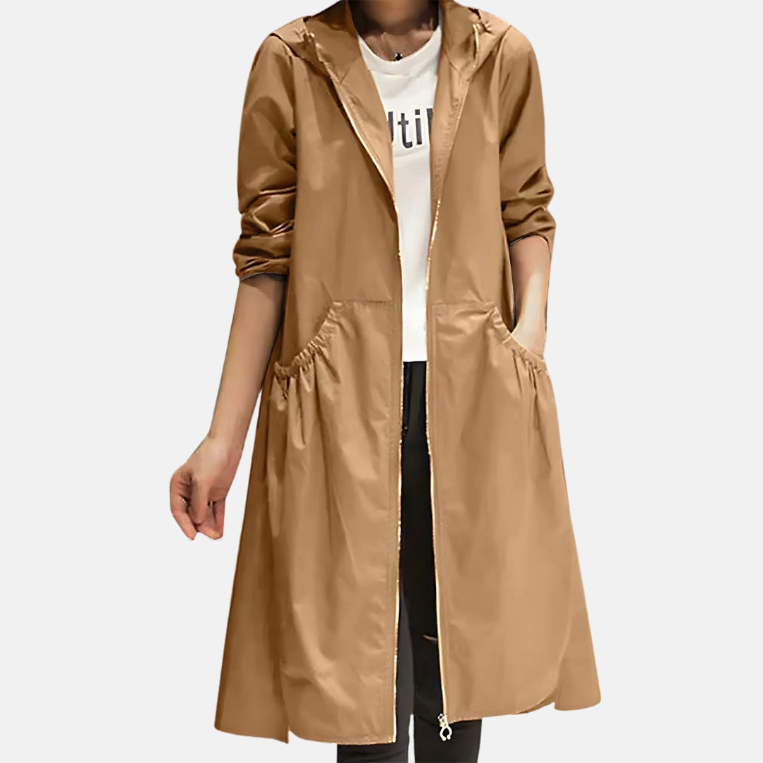 Ladies' Long Raincoat with Hood and Waterproof Features