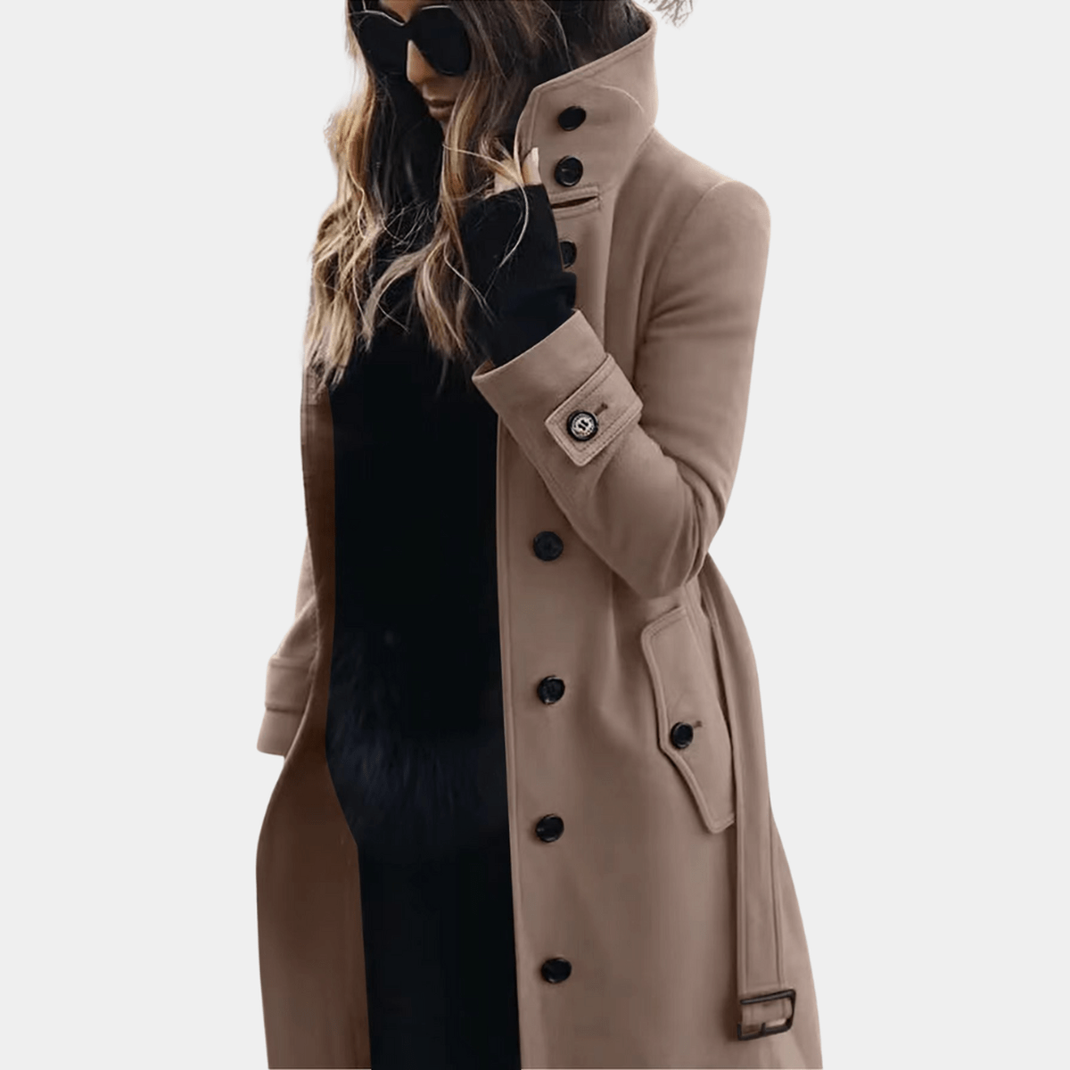 Women's Long Winter Coat with Stand-Up Collar and Double Button Fastening