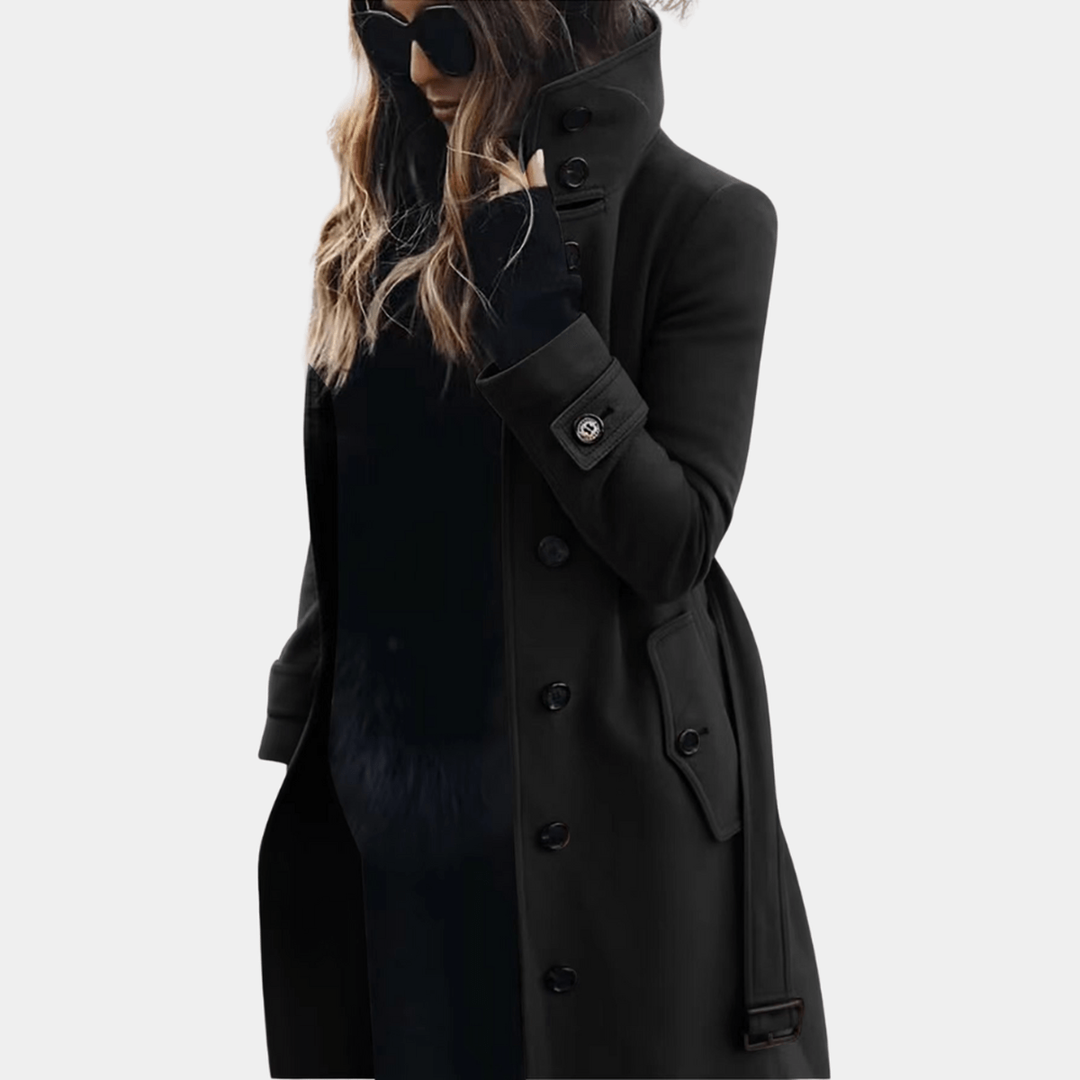 Women's Long Winter Coat with Stand-Up Collar and Double Button Fastening