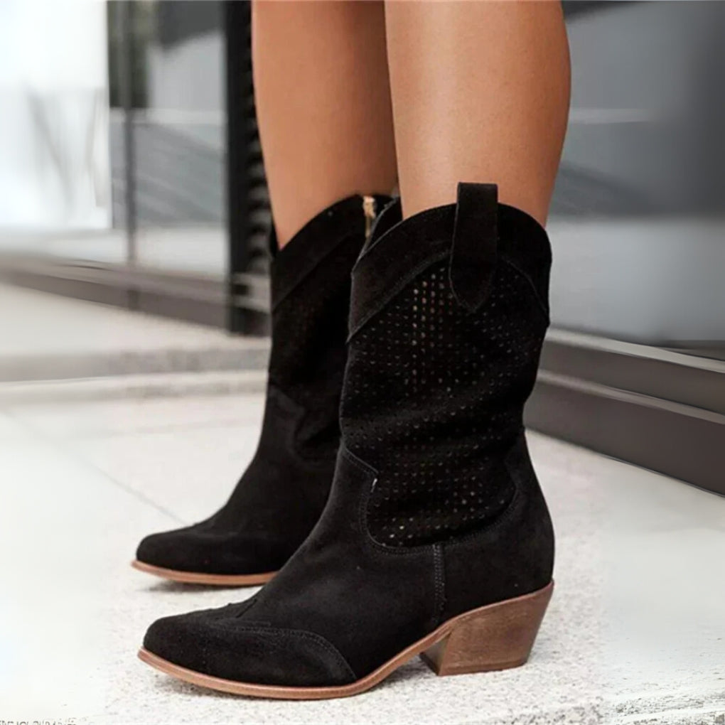 Ladies' Leather Cowboy Boots with Heel and Perforations