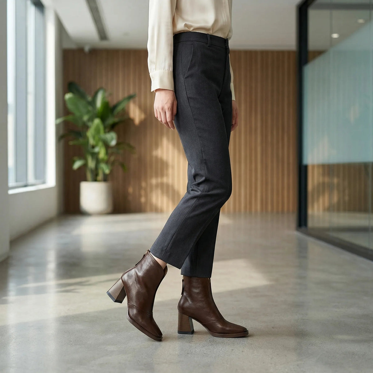 Leather Ankle Boots for Women Block Heel Zip at the Back
