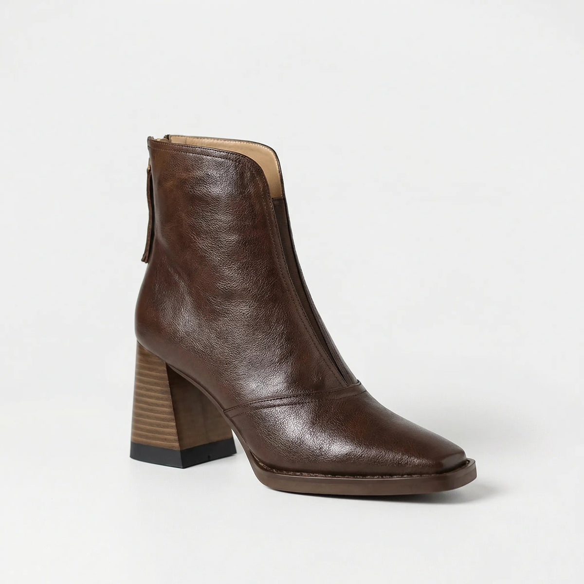 Leather Ankle Boots for Women Block Heel Zip at the Back