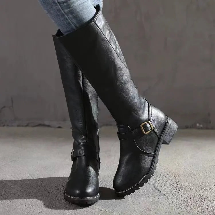 Leather Boots Ladies High Shaft Buckle Block Heel