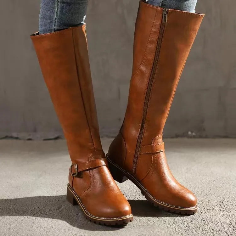 Leather Boots Ladies High Shaft Buckle Block Heel