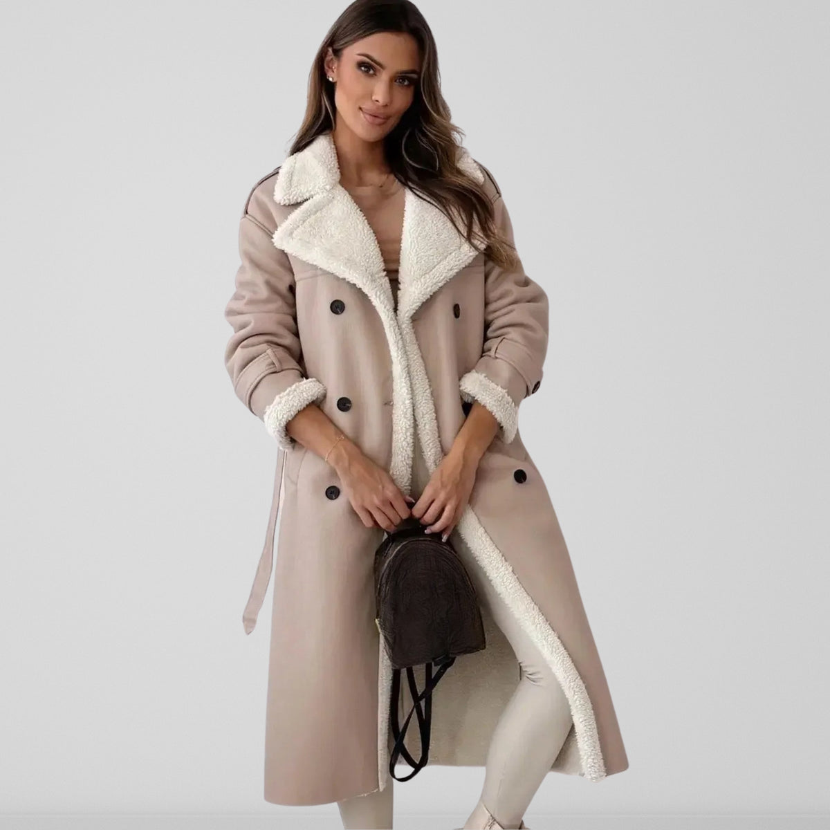 Ladies' Coat with Double-Breasted Buttons and Sherpa Lining