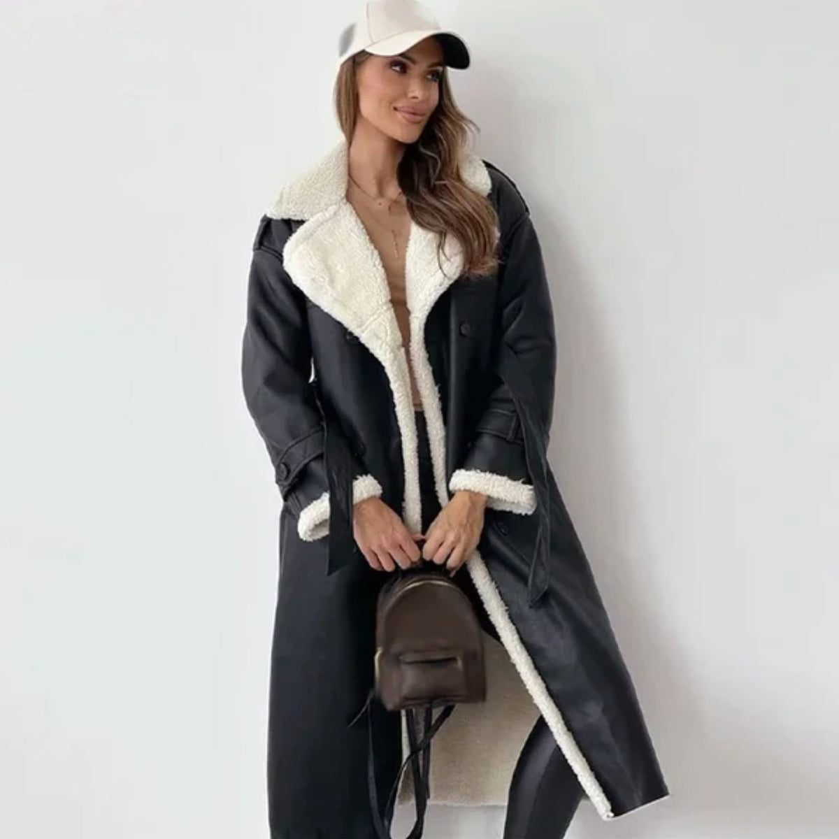 Ladies' Coat with Double-Breasted Buttons and Sherpa Lining