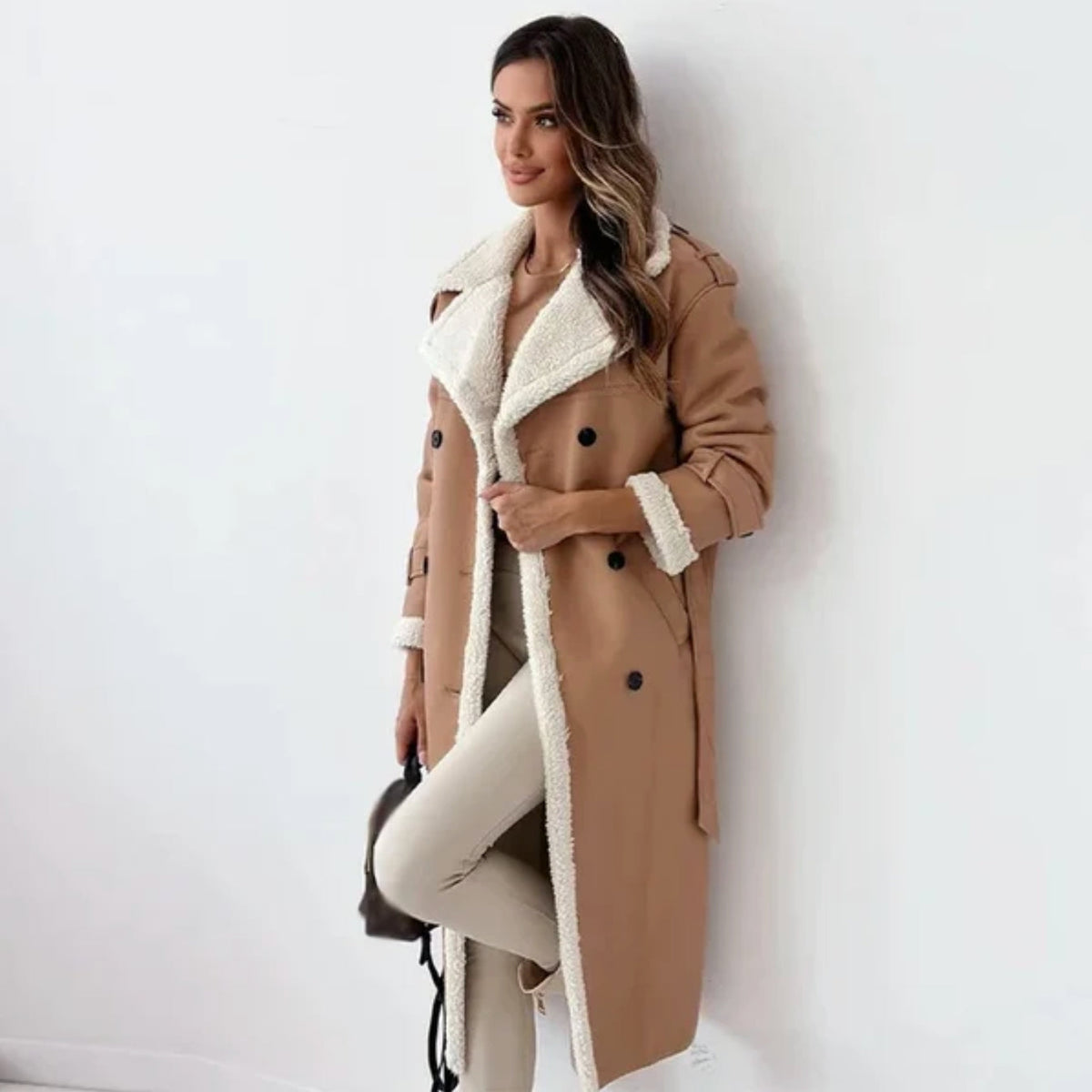 Ladies' Coat with Double-Breasted Buttons and Sherpa Lining