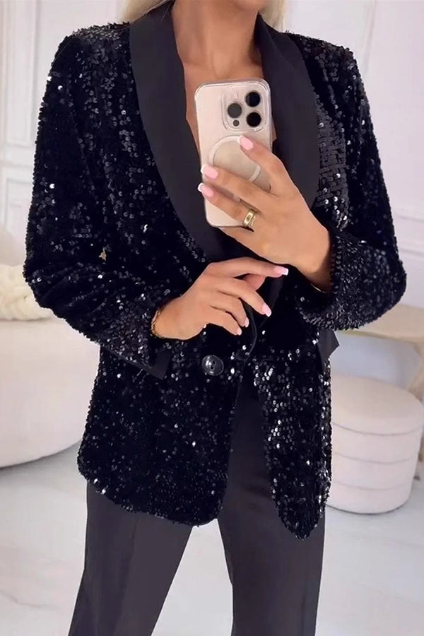Women's Sequin Blazer with Notched Lapel and Single Button Closure