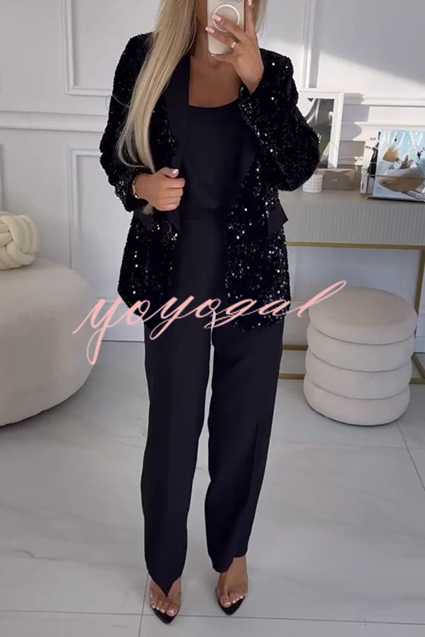 Women's Sequin Blazer with Notched Lapel and Single Button Closure