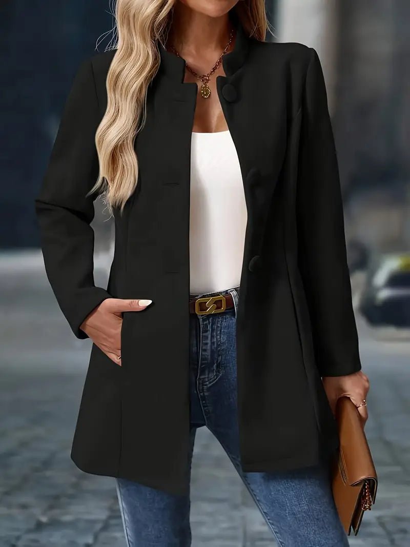 Women's Midi Coat with Stand-Up Collar and Button Fastening