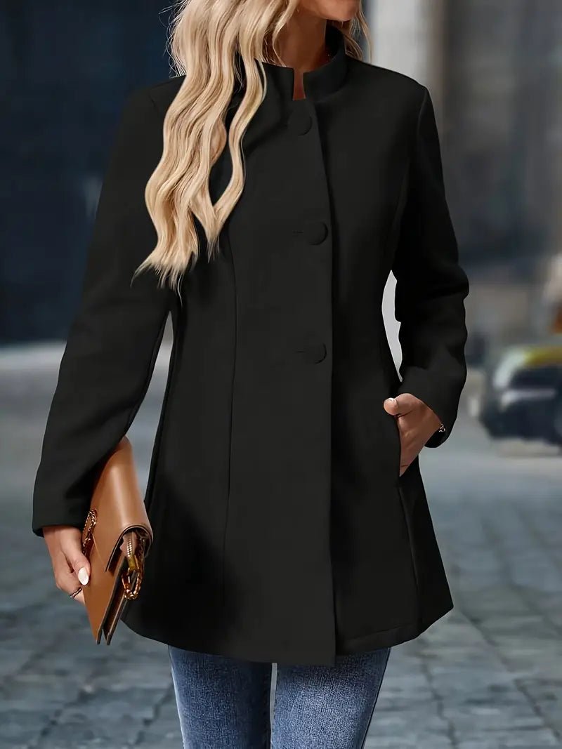 Women's Midi Coat with Stand-Up Collar and Button Fastening