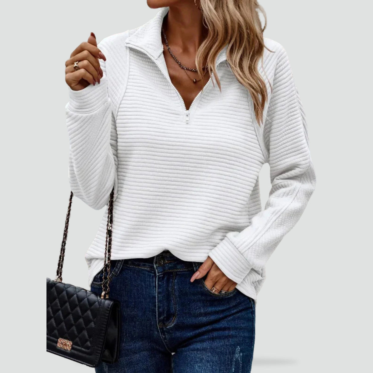 Ladies' Modern Sweater with Half-Zip Collar and Long Sleeves