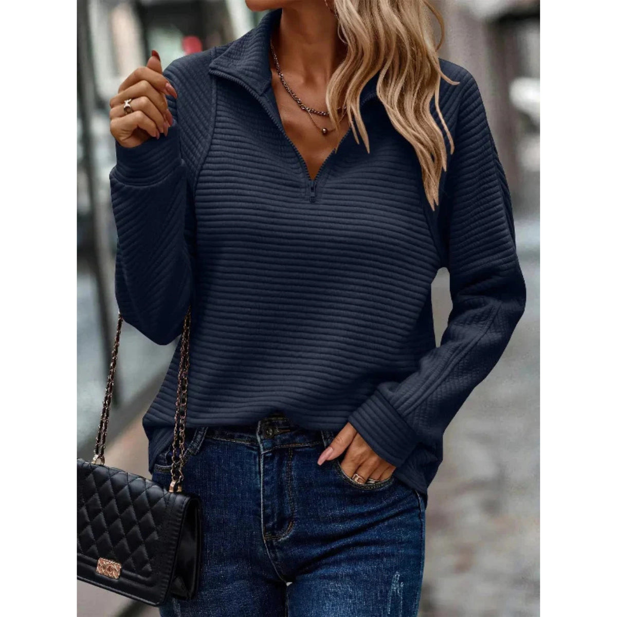 Ladies' Modern Sweater with Half-Zip Collar and Long Sleeves