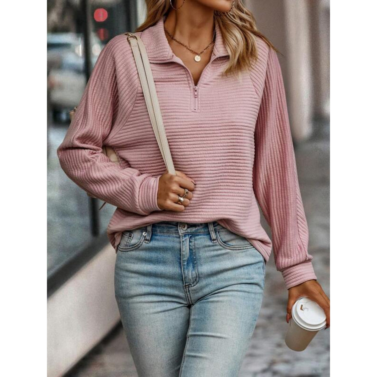 Ladies' Modern Sweater with Half-Zip Collar and Long Sleeves
