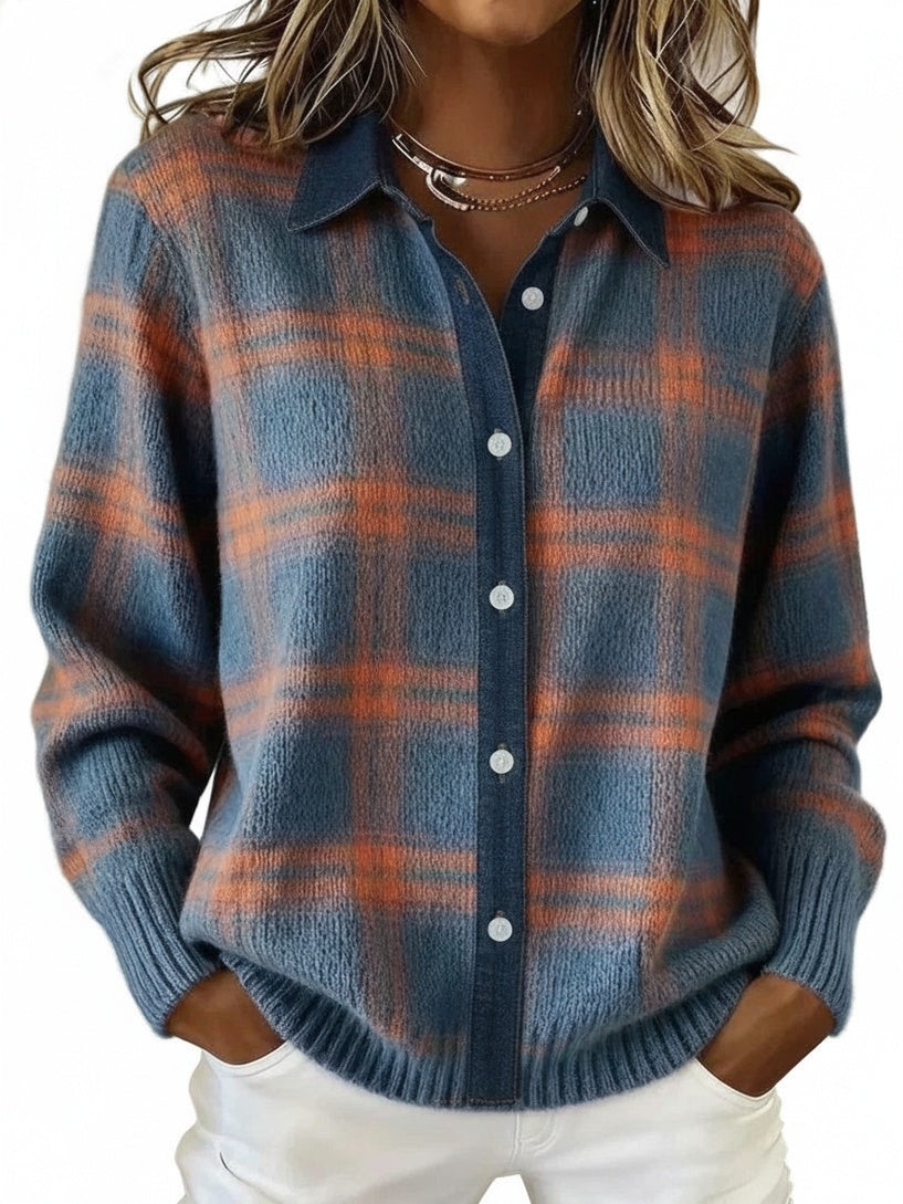 Women's Oversized Checked Shirt with Collar and Button Closure