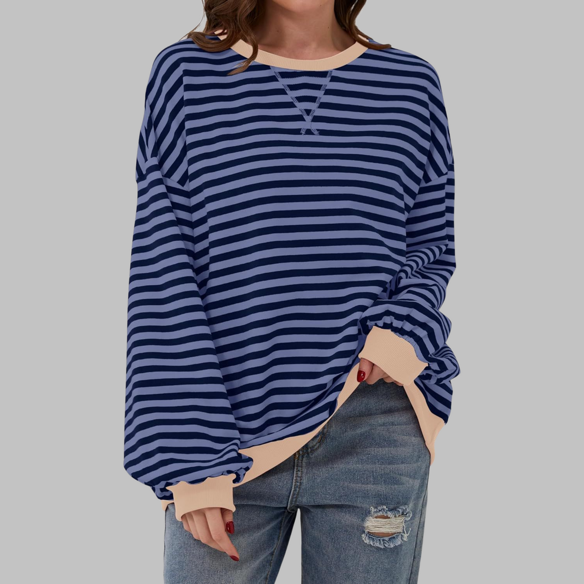 Women's Oversized Striped Round Neck Sweatshirt