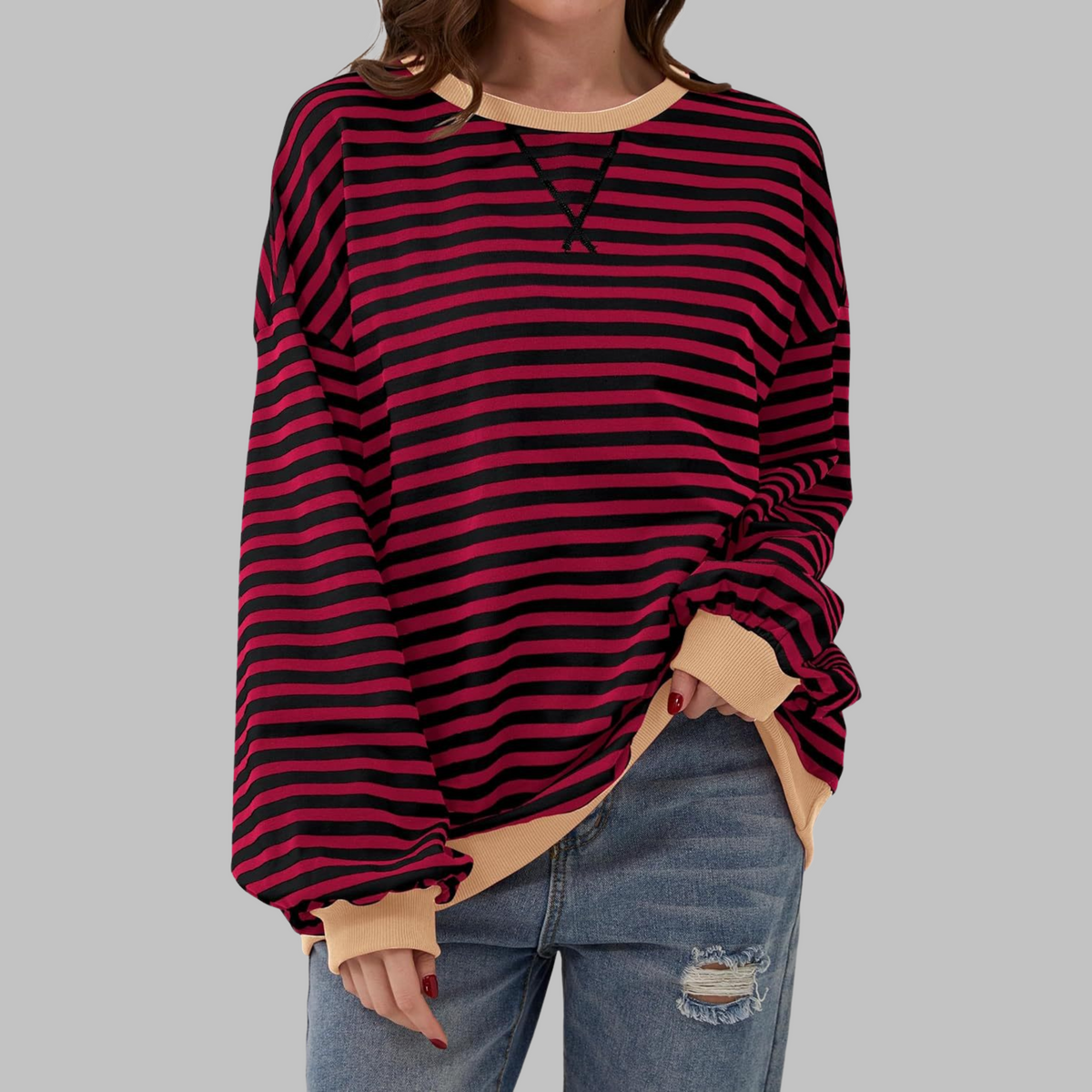 Women's Oversized Striped Round Neck Sweatshirt