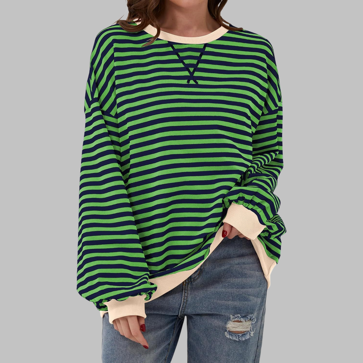 Women's Oversized Striped Round Neck Sweatshirt