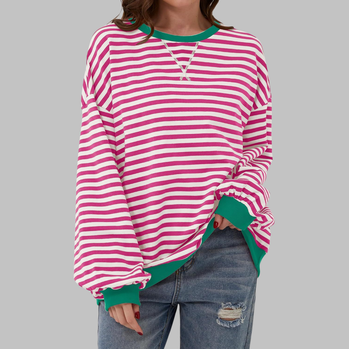 Women's Oversized Striped Round Neck Sweatshirt