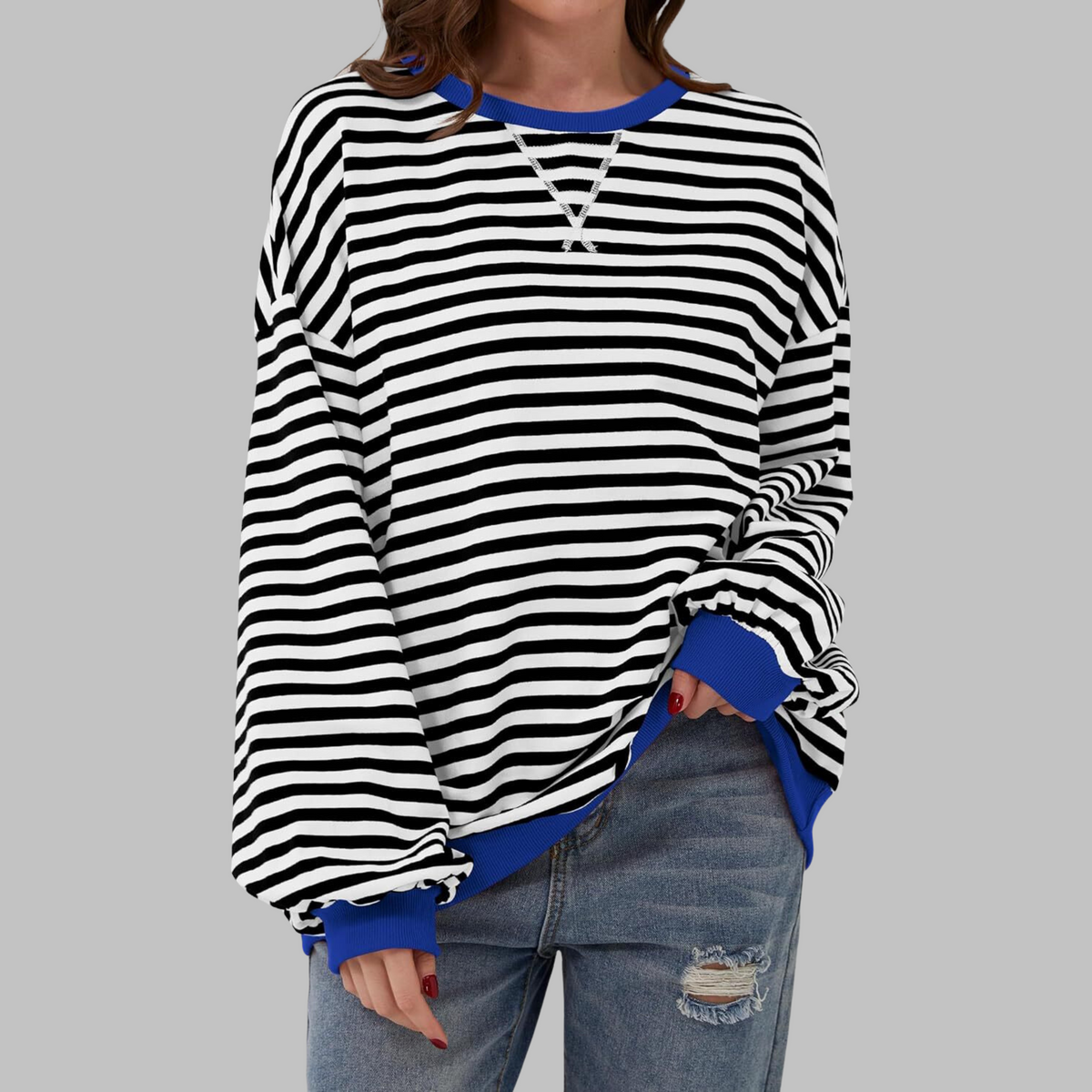 Women's Oversized Striped Round Neck Sweatshirt