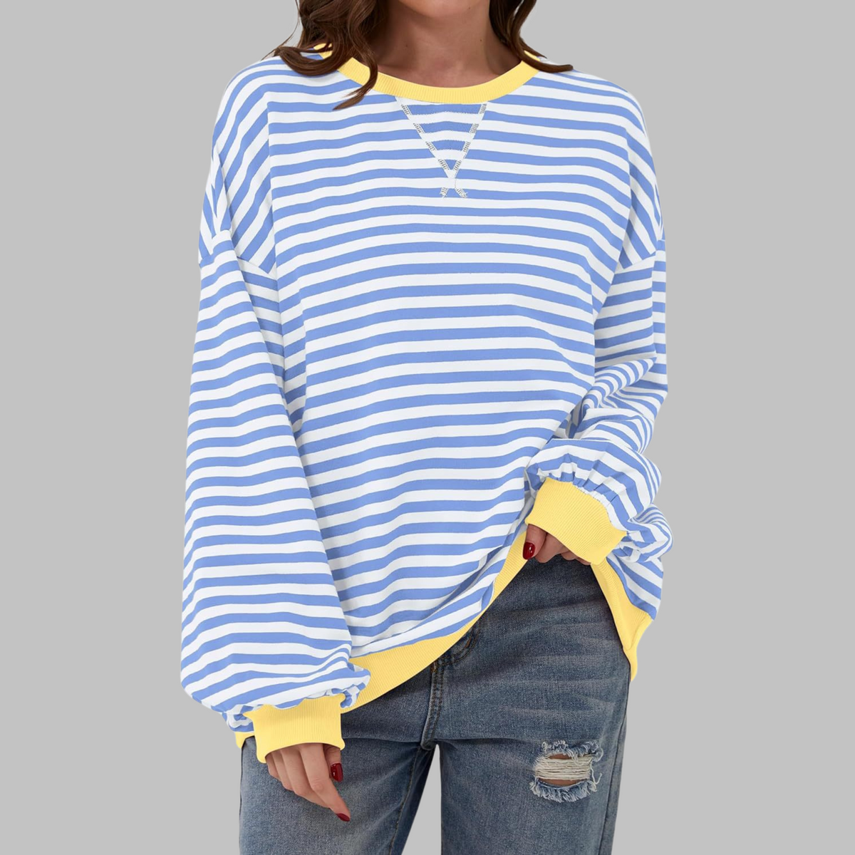Women's Oversized Striped Round Neck Sweatshirt